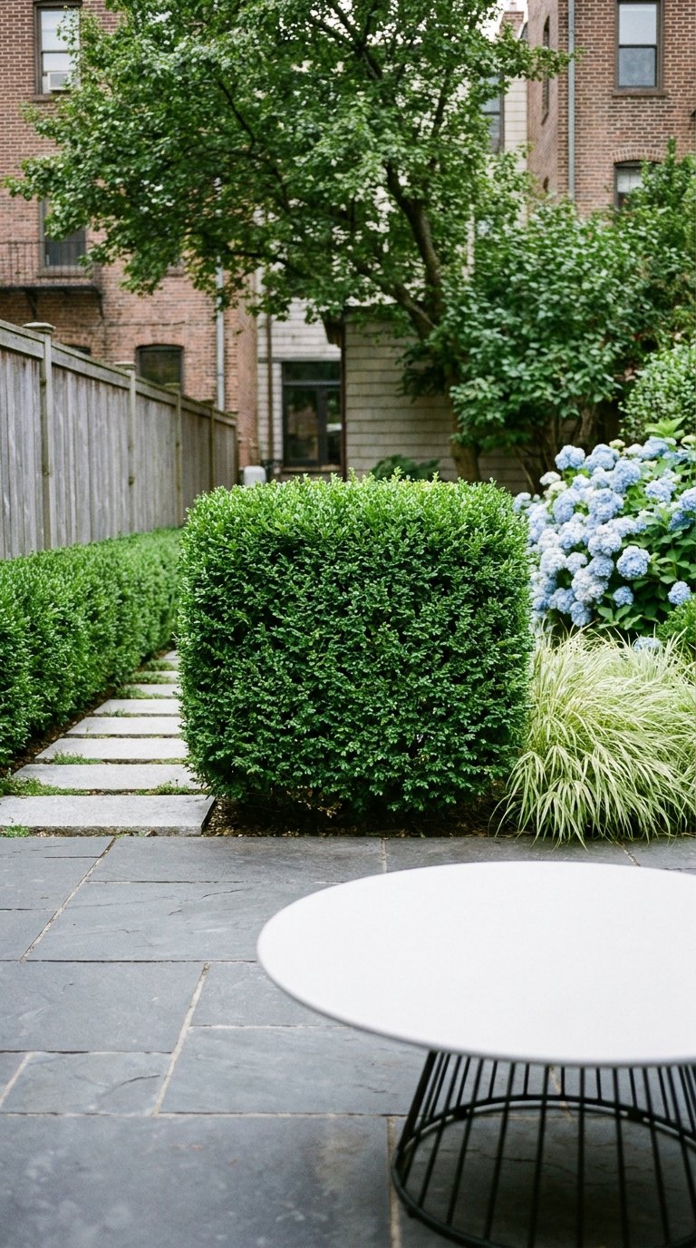 Jardin urbain avec buis cubiques, hortensias bleus et terrasse en pierre sombre