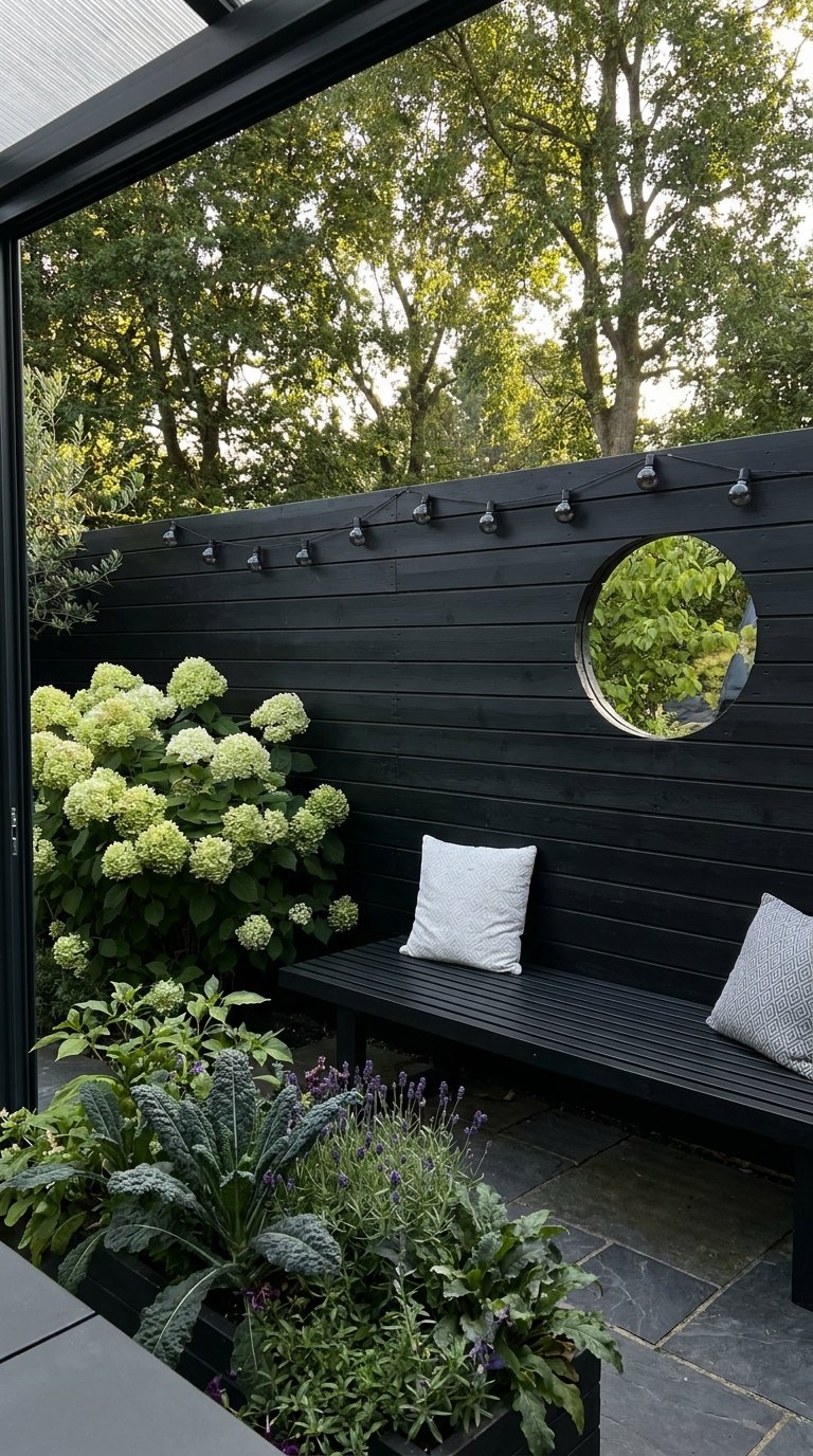 Petit patio avec banc noir, clôture sombre, miroir rond et hortensias