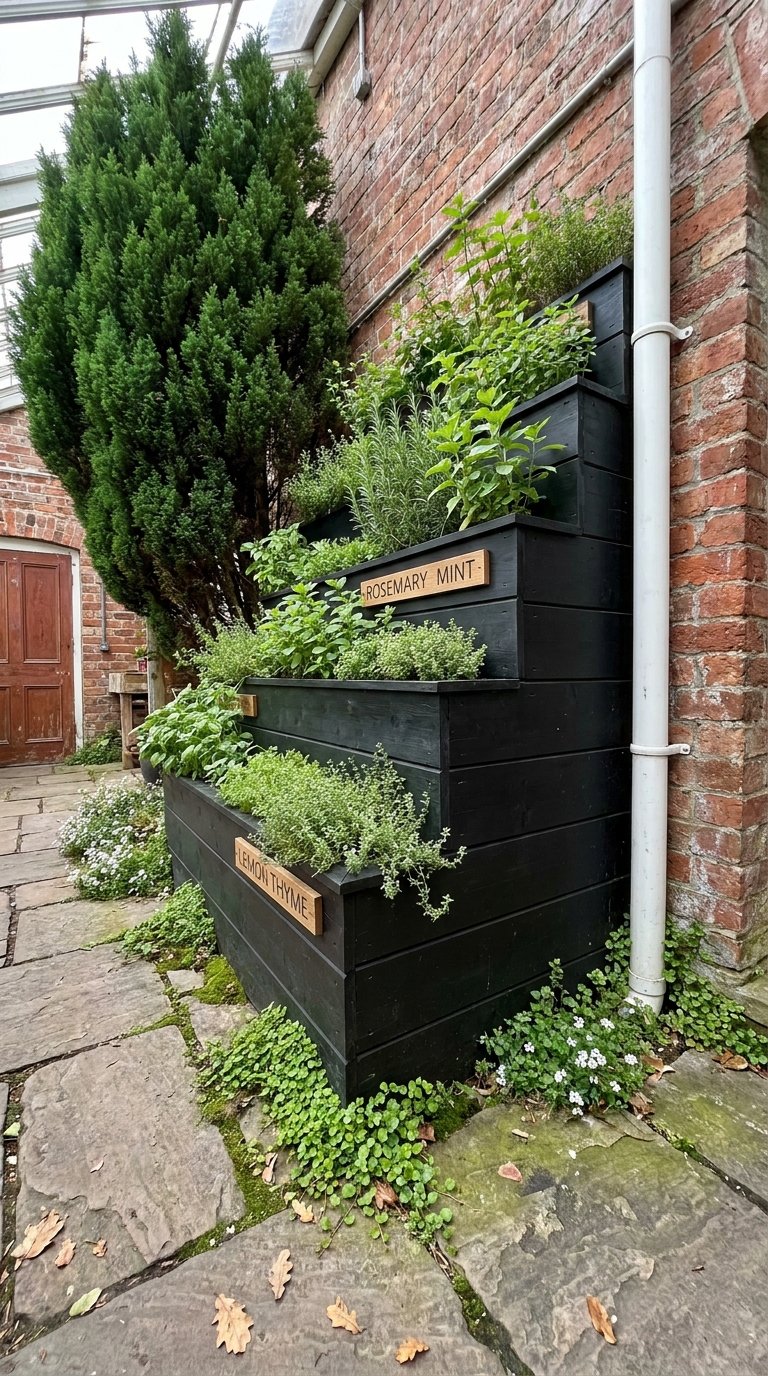 Jardinière verticale noire d’herbes aromatiques contre un mur en brique