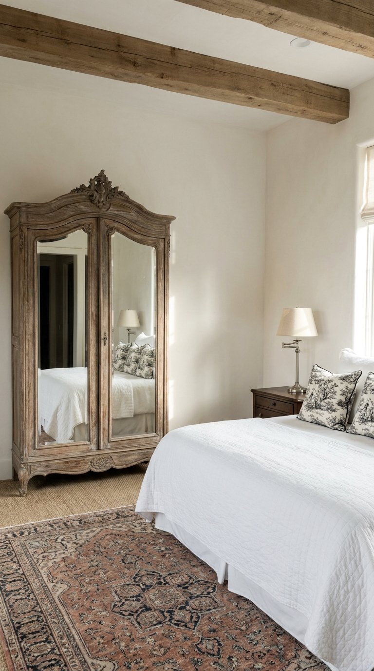 Armoire ancienne en bois patiné avec deux portes miroir dans une chambre claire
