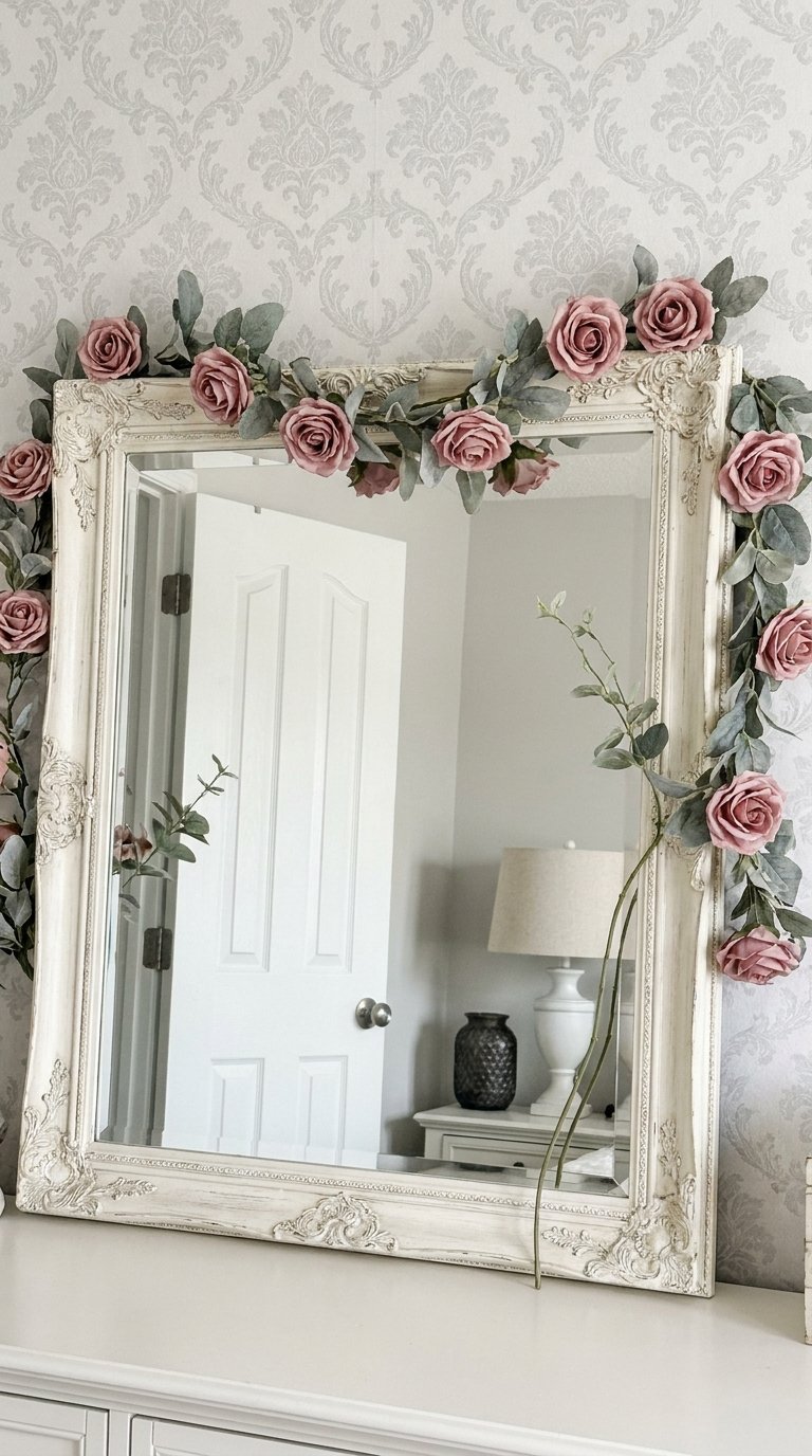 Miroir rectangulaire blanc sculpté décoré de roses et de feuillage