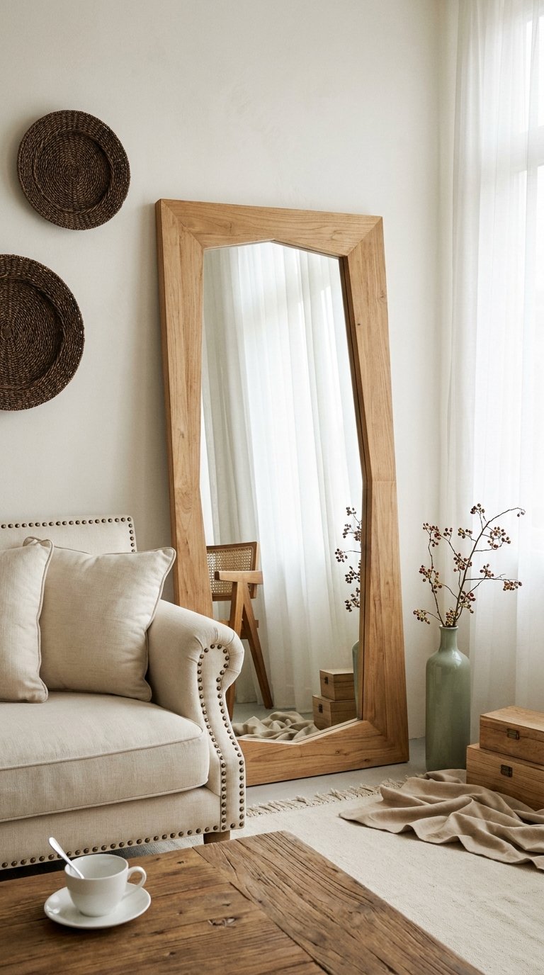 Grand miroir au sol avec cadre épais en bois clair près d’un fauteuil