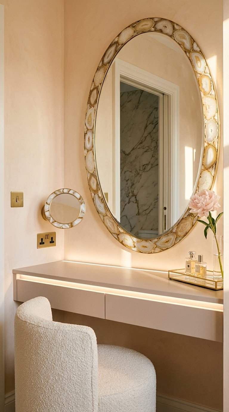 Miroir ovale cerclé de pierres claires et dorées au-dessus d’une coiffeuse rose