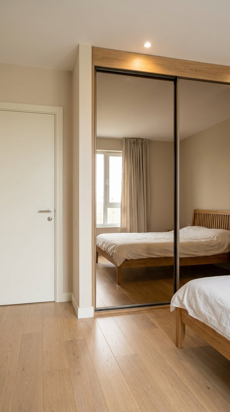 Armoire à deux portes miroir encadrée de bois clair dans une chambre beige