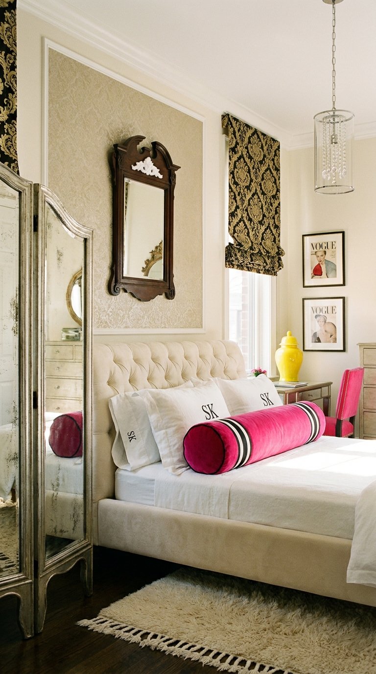Chambre classique avec paravent miroir vieilli et petit miroir en bois au-dessus du lit