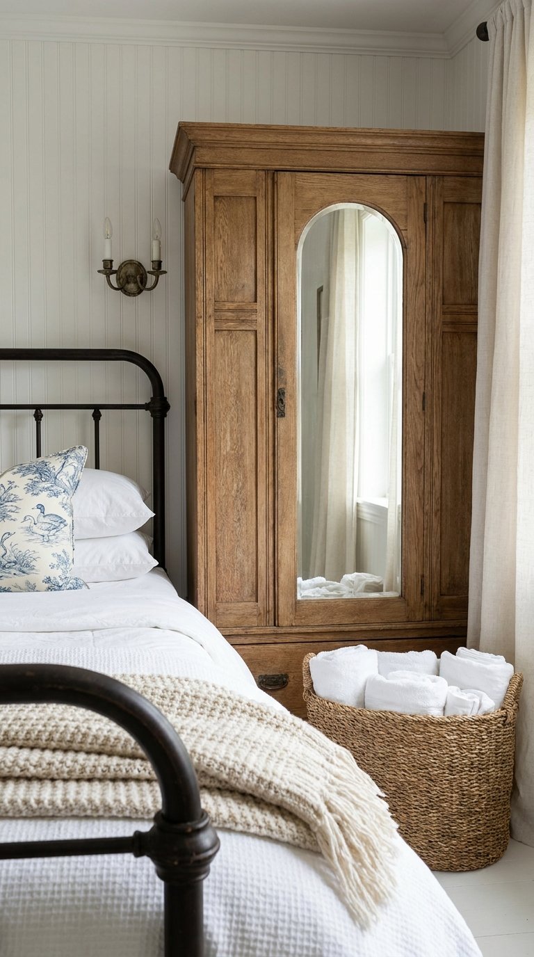 Armoire en bois avec porte centrale cintrée en miroir près d’un lit en métal noir