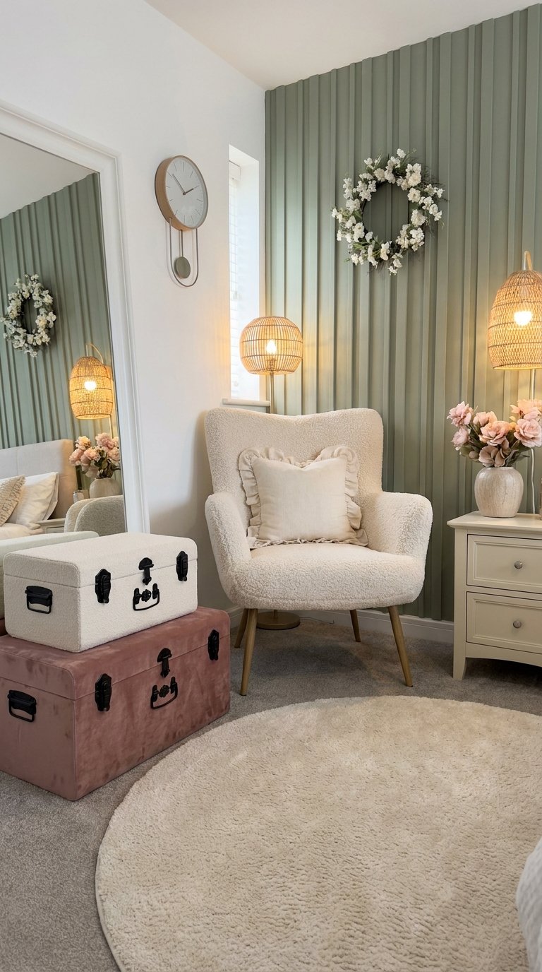 Grand miroir blanc incliné dans un coin lecture avec fauteuil bouclé et mur vert