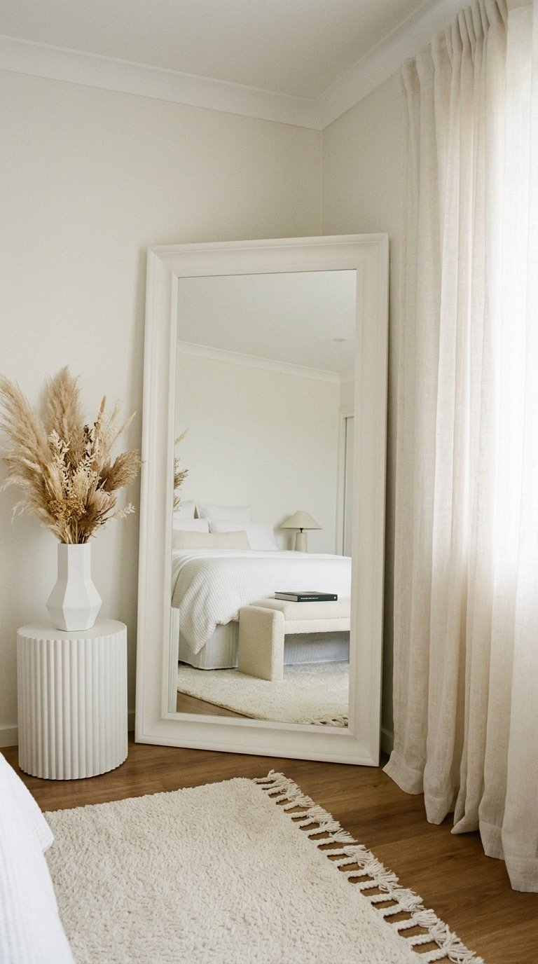 Miroir blanc pleine hauteur posé près de rideaux en lin et d’un vase de fleurs séchées