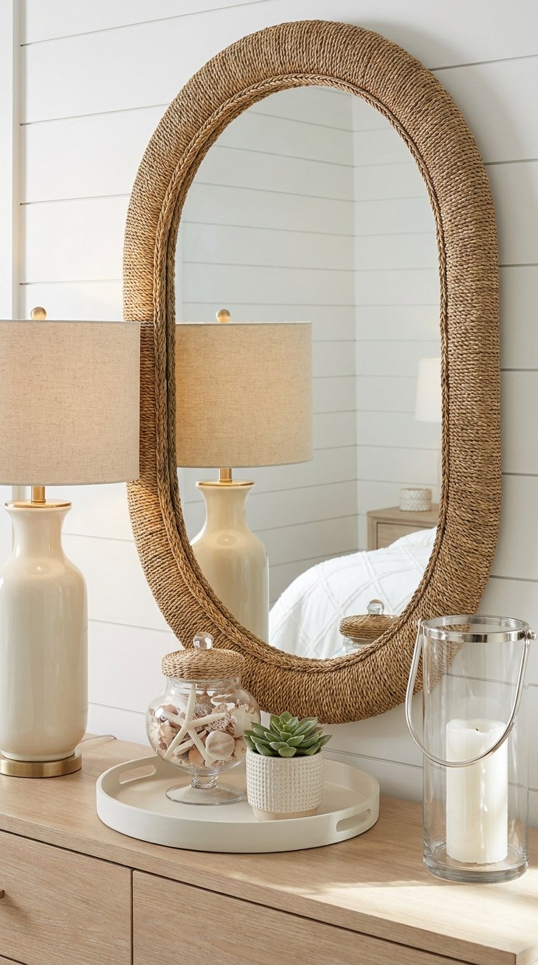 Miroir ovale en fibres tressées au-dessus d’une commode en bois clair