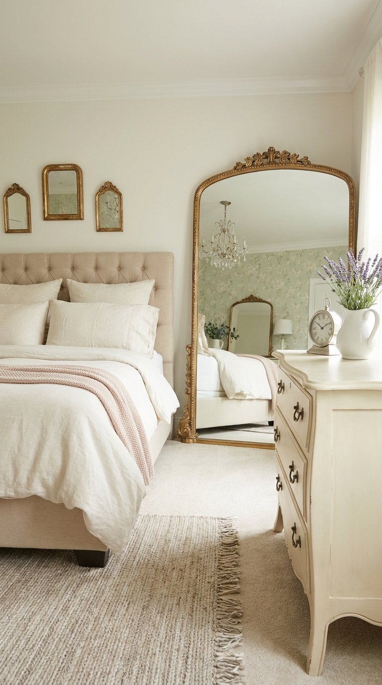 Grand miroir doré sculpté posé au sol près d’un lit beige et d’une commode blanche