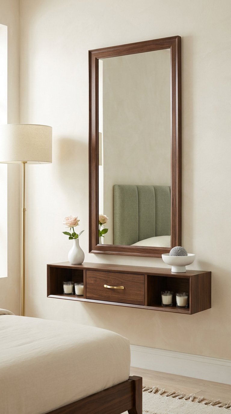 Miroir rectangulaire en bois foncé au-dessus d’une console suspendue assortie