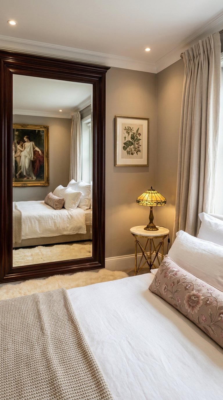 Très grand miroir mural au cadre brun mouluré dans une chambre classique
