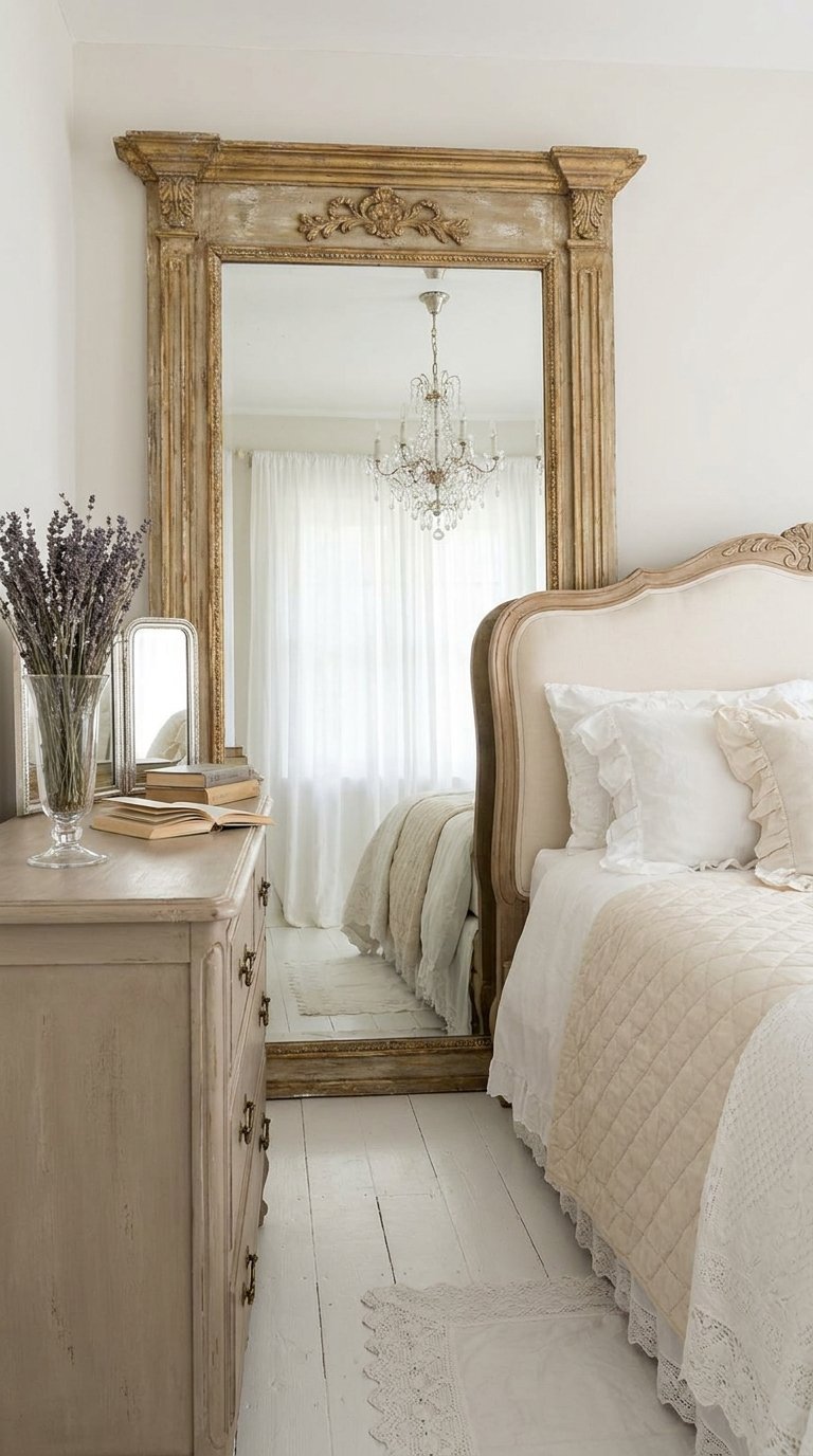 Miroir ancien doré posé au sol derrière une commode dans une chambre blanche