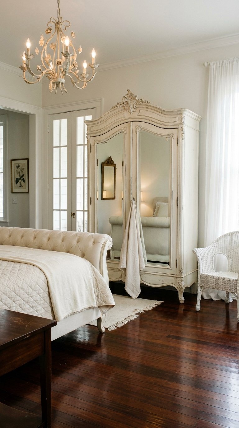 Armoire blanche patinée avec deux portes miroir dans une chambre romantique