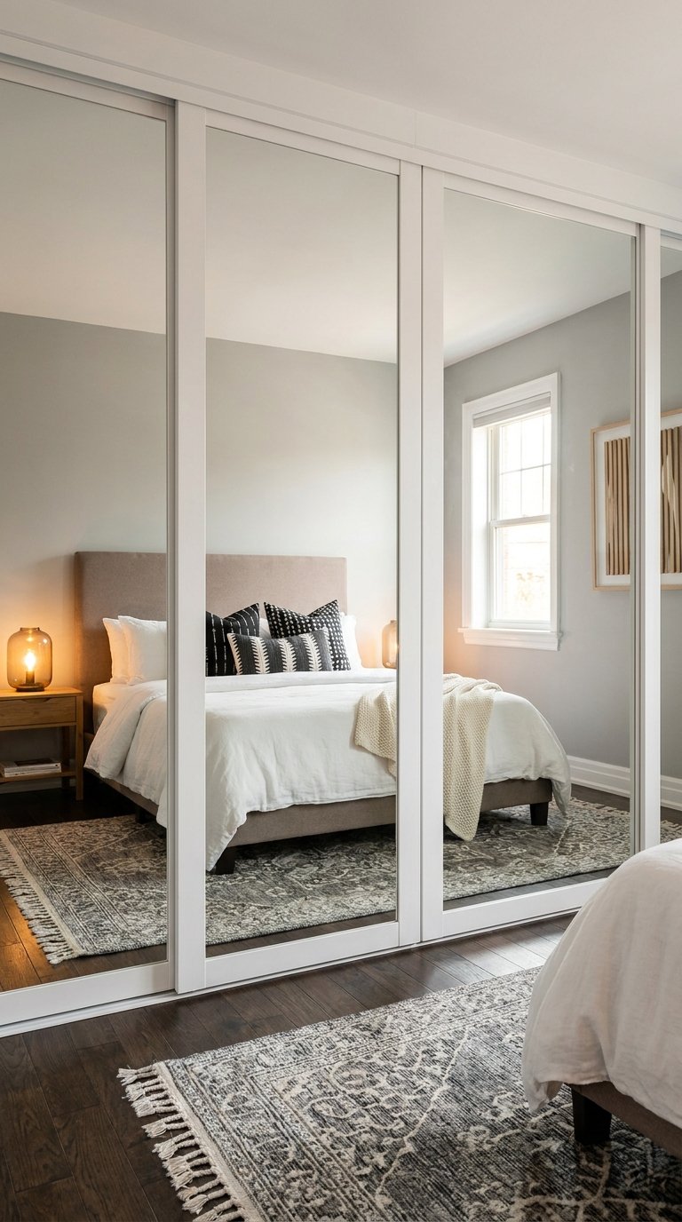 Façades coulissantes en miroir à cadres blancs reflétant un lit et une fenêtre