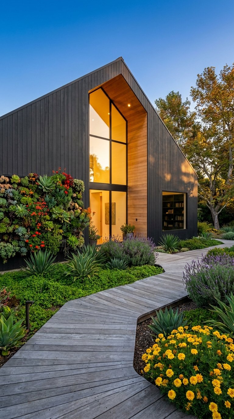 Façade moderne noire avec entrée en bois, grande verrière et jardin de succulentes fleuries