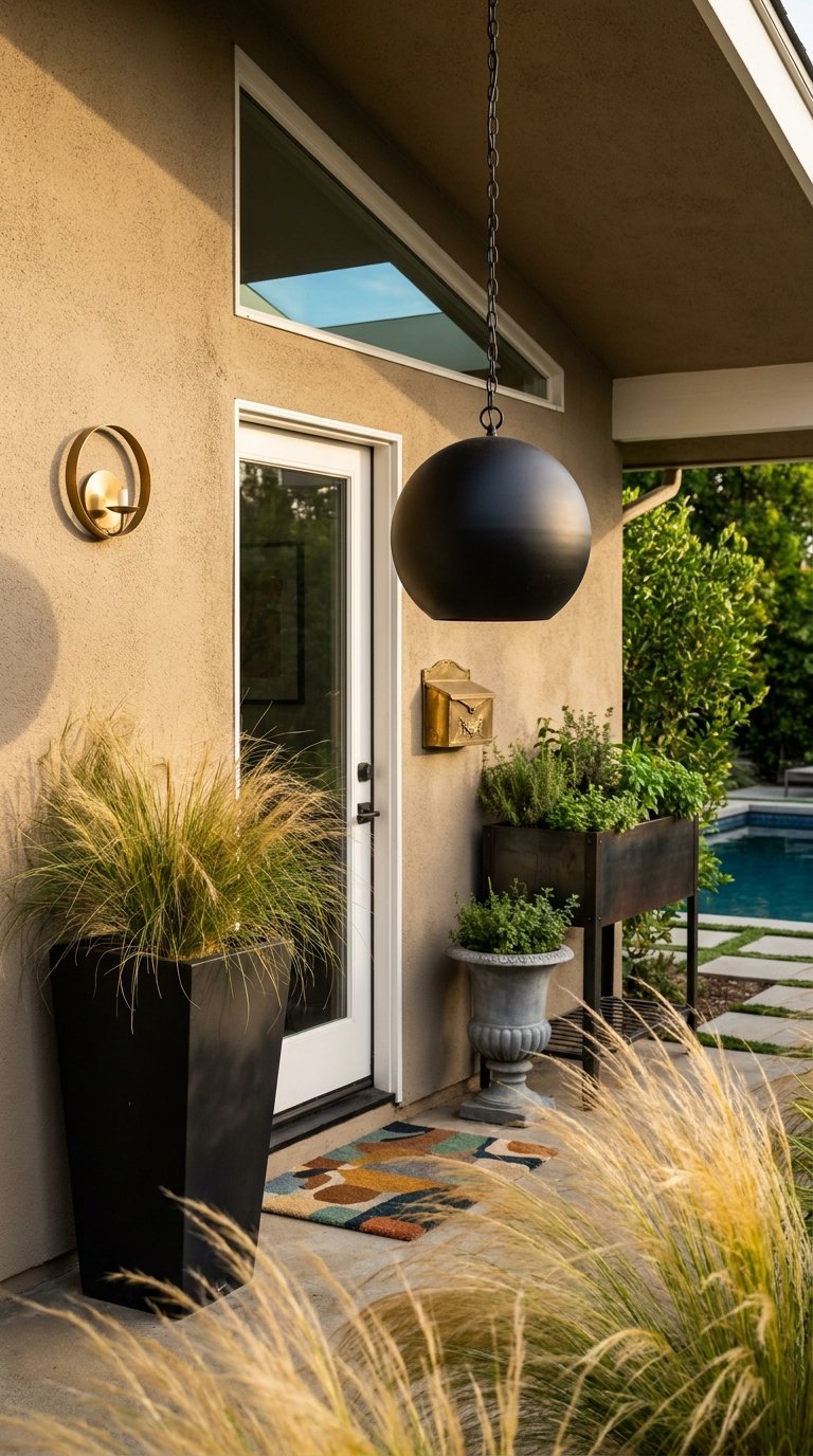 Entrée en enduit beige avec porte vitrée, suspension noire ronde et grandes jardinières