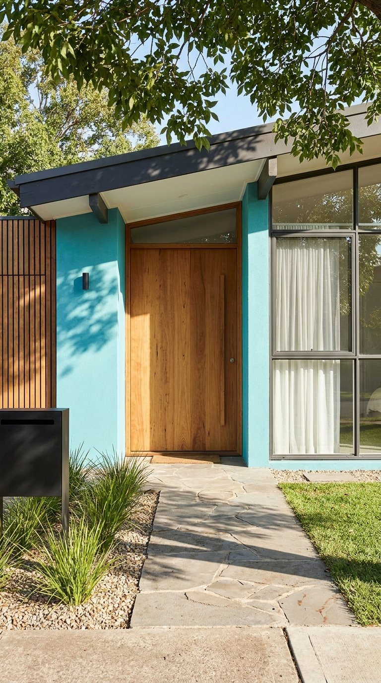 Entrée moderne turquoise avec grande porte en bois et fenêtre noire quadrillée