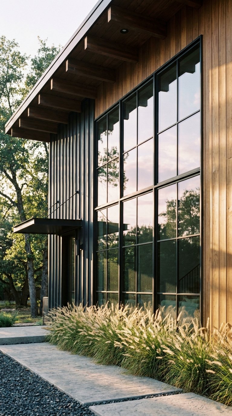 Façade contemporaine en bois et métal noir avec très grandes fenêtres quadrillées
