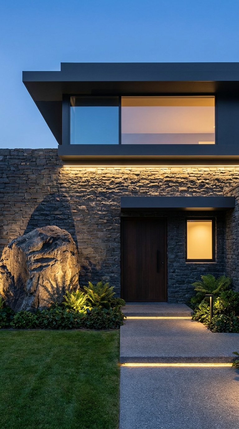 Maison moderne en pierre sombre avec fenêtre panoramique, porte en bois foncé et rocher paysager