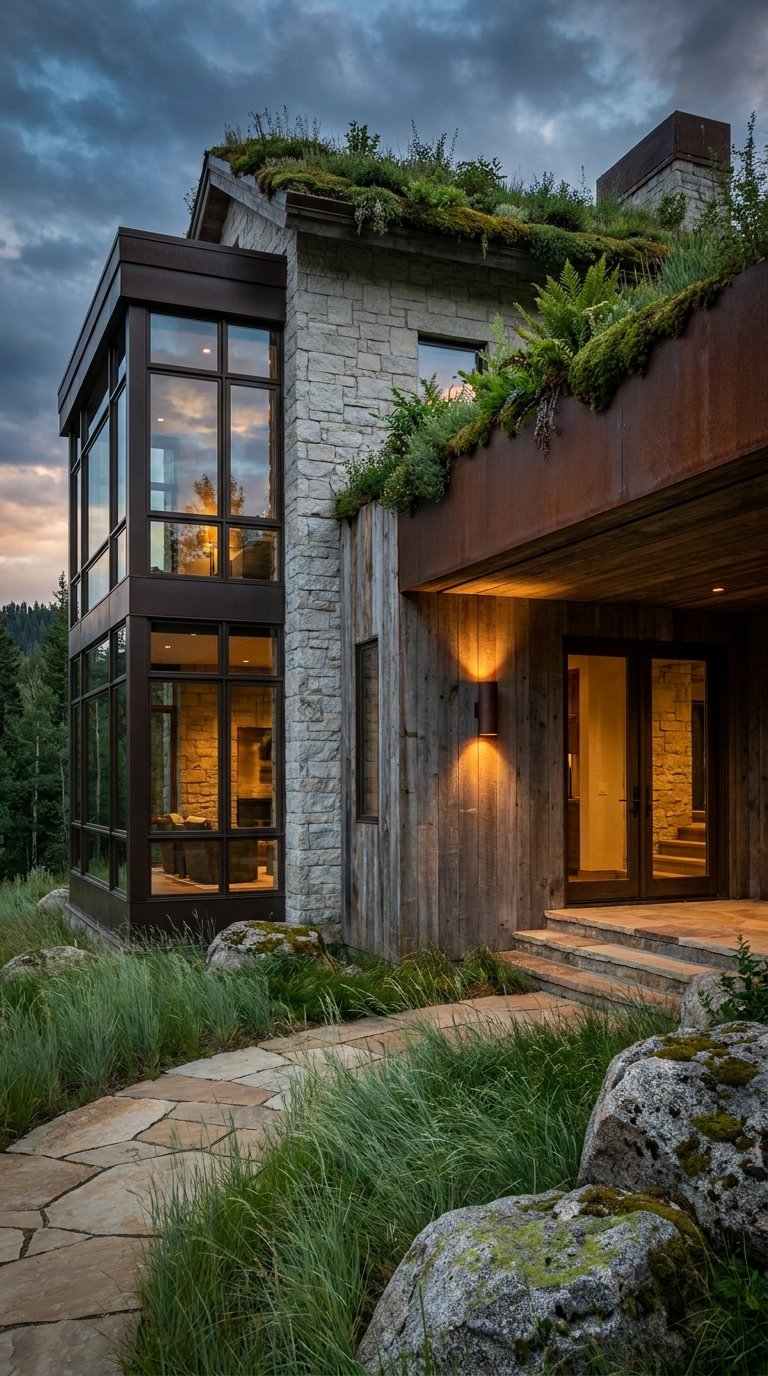 Maison en pierre et bois avec angle vitré, acier patiné et toiture végétalisée