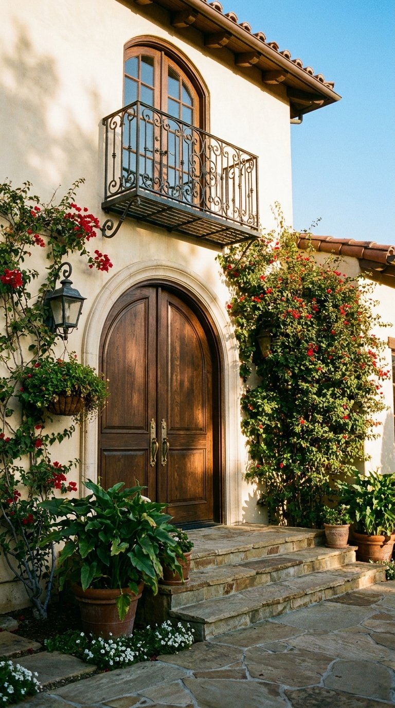Entrée méditerranéenne avec porte cintrée en bois, balcon en fer et bougainvilliers rouges