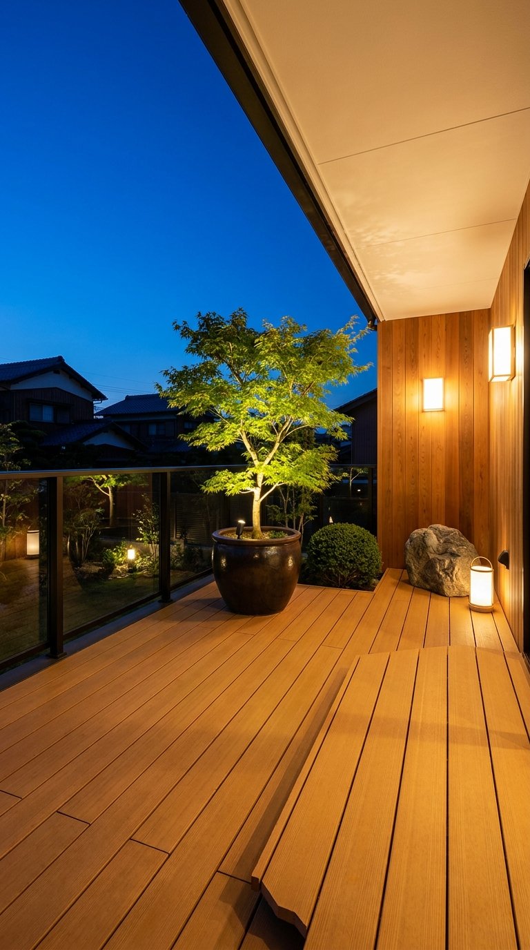 Terrasse couverte avec sol et mur en bois, garde-corps vitré, érable en pot et éclairage chaleureux