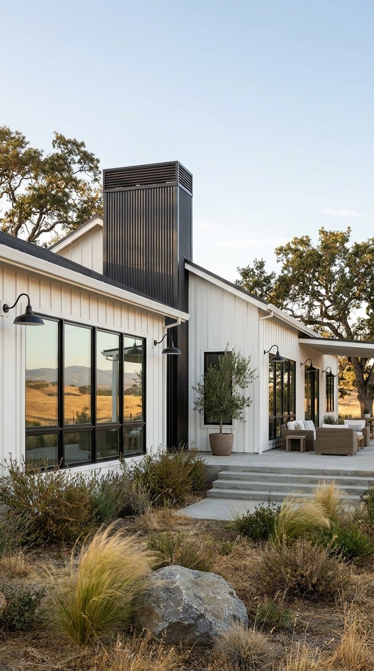 Maison blanche contemporaine avec fenêtres noires, cheminée métallique et terrasse en béton