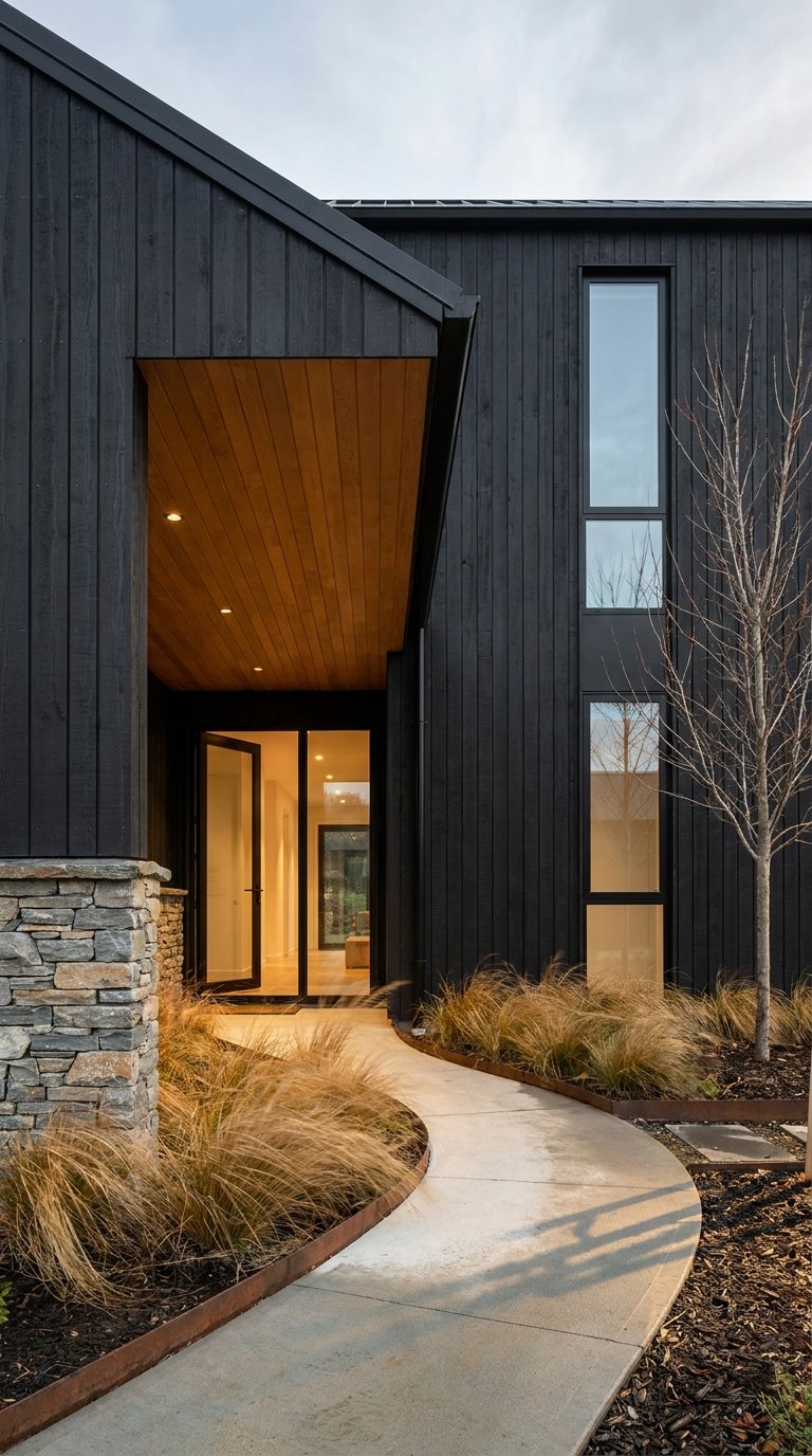 Entrée noire contemporaine avec plafond en bois, fenêtres verticales et allée courbe