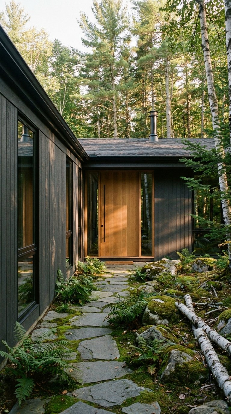 Maison noire en forêt avec porte en bois clair et chemin de pierres moussu