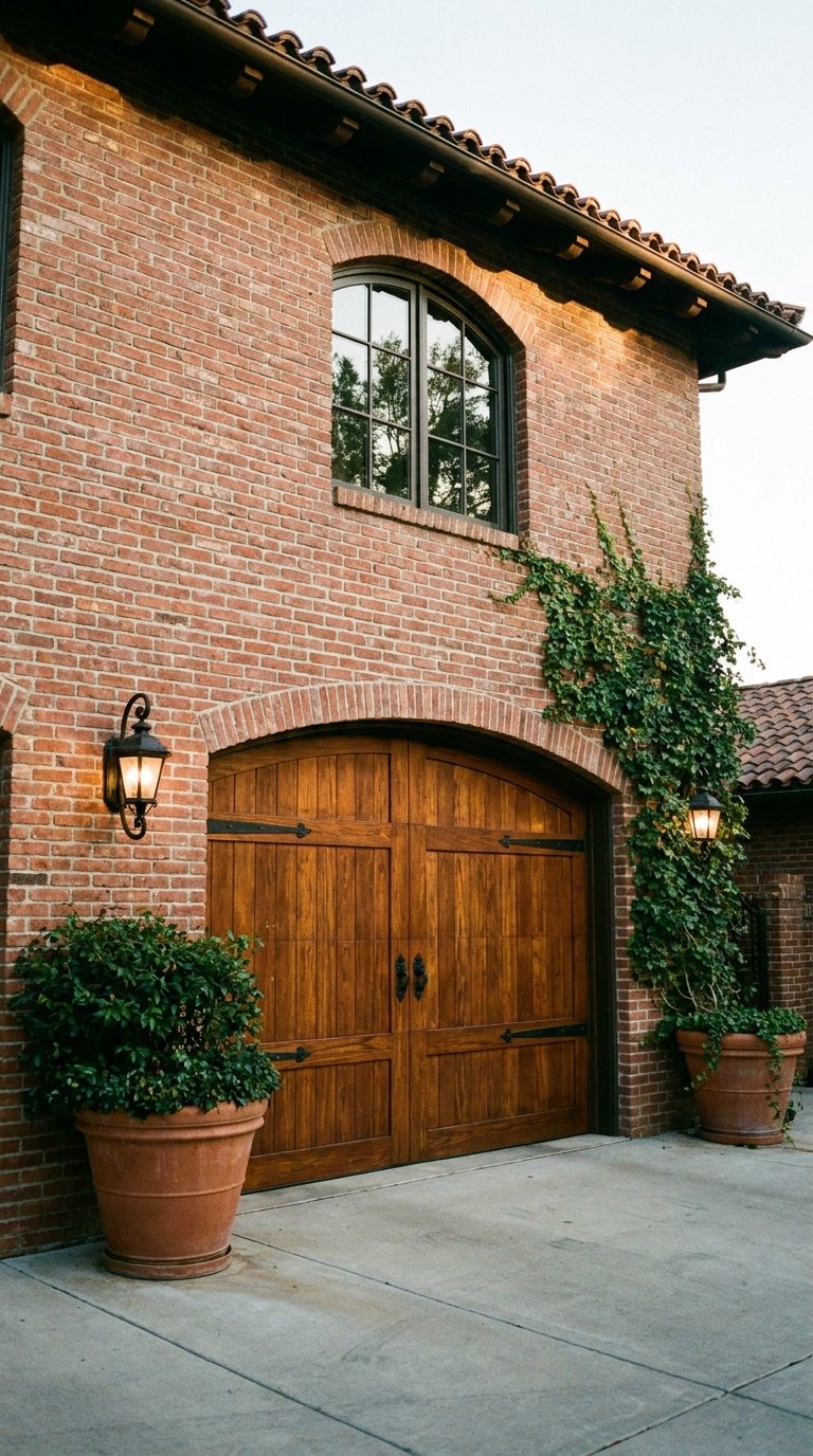 Garage en briques rouges avec porte cintrée en bois, fenêtre noire et lierre grimpant