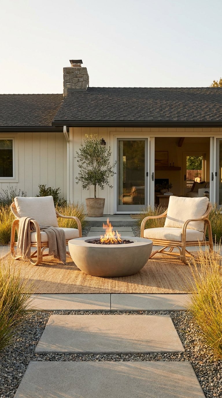 Terrasse avec foyer rond, fauteuils en rotin et façade claire ouverte sur le séjour