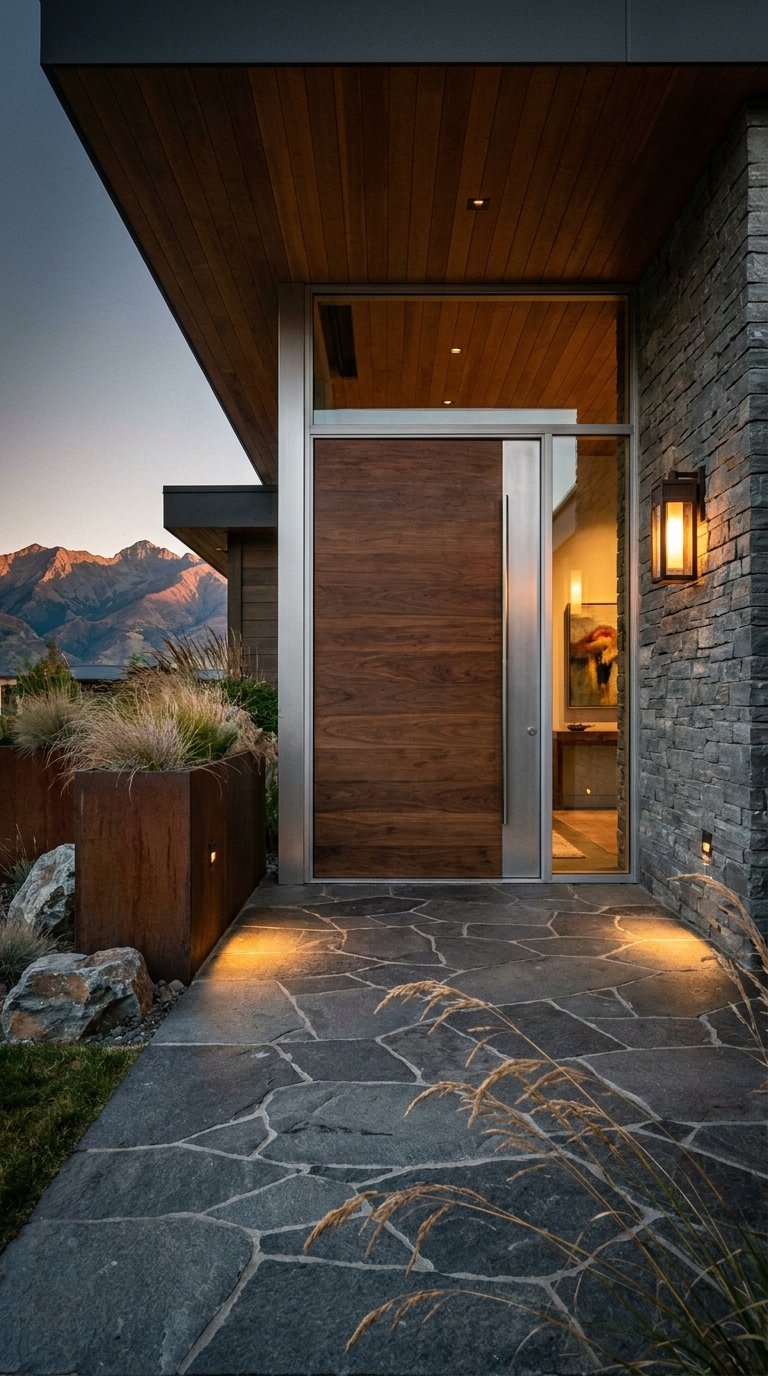 Entrée contemporaine en pierre et bois avec grande porte, éclairage intégré et vue montagneuse