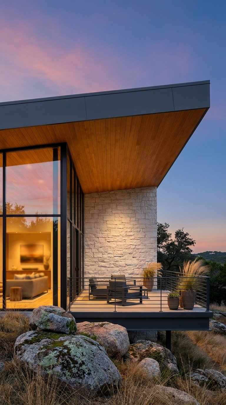Maison moderne avec angle vitré, mur en pierre et terrasse suspendue sur paysage rocheux