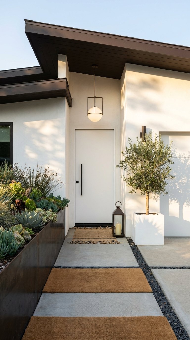 Entrée blanche minimaliste avec suspension globe, olivier en bac et jardin de succulentes