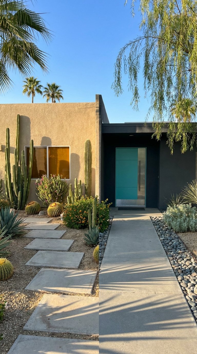 Maison moderne avec porte turquoise, enduit sable et jardin de cactus