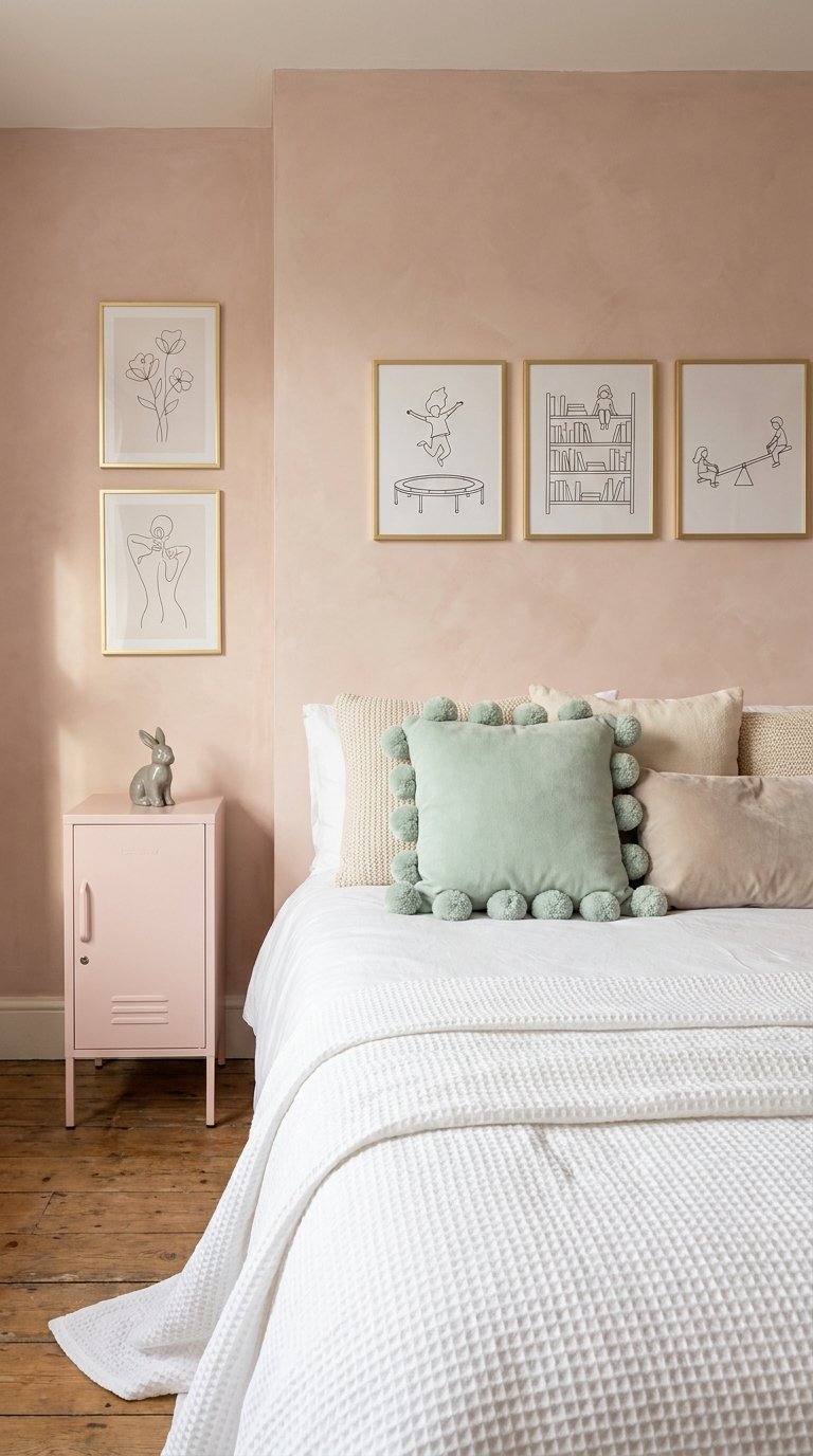 Chambre lumineuse aux murs rose poudré avec linge de lit blanc et coussin vert d’eau