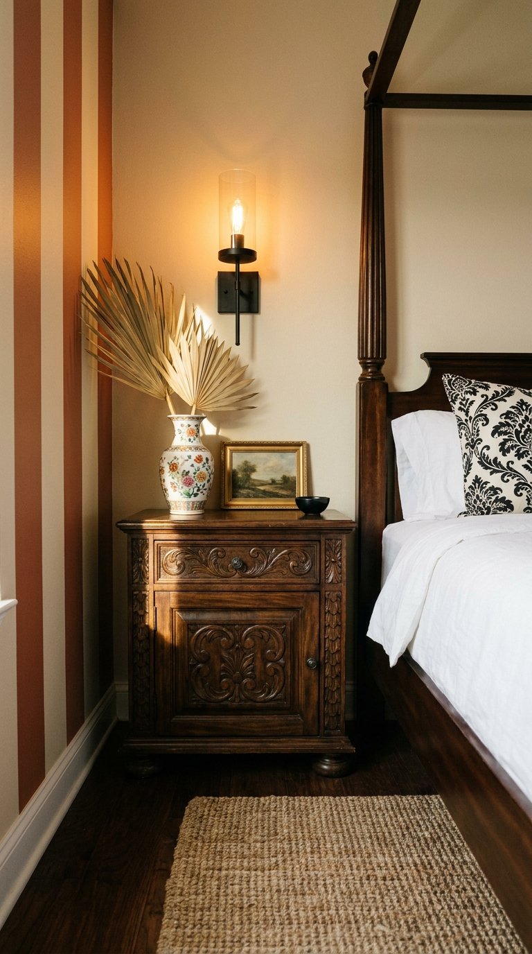 Chambre classique avec bandes verticales terracotta et crème près d’un lit en bois sombre