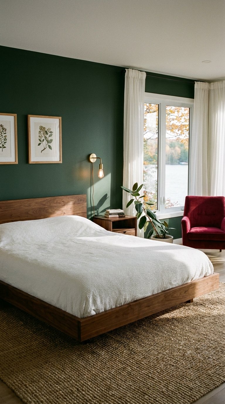 Chambre avec murs vert forêt, lit en bois et fauteuil en velours rouge