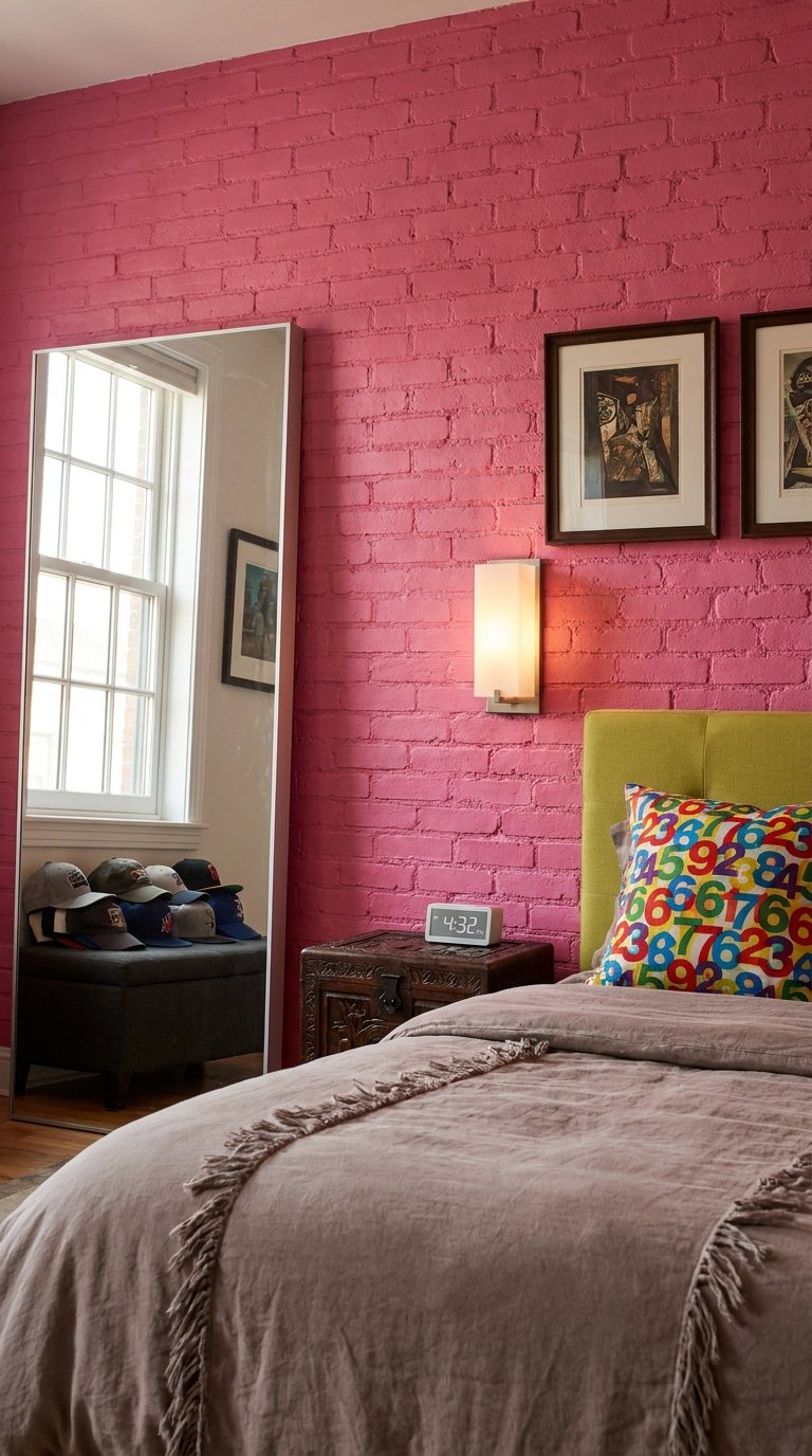 Chambre éclectique avec mur de briques peint en rose framboise et tête de lit verte