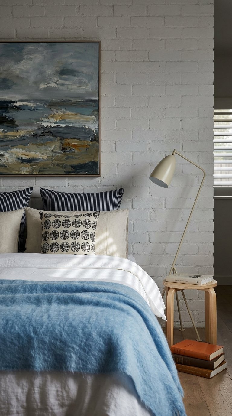 Chambre avec mur de briques blanc, tableau abstrait et couverture bleu clair