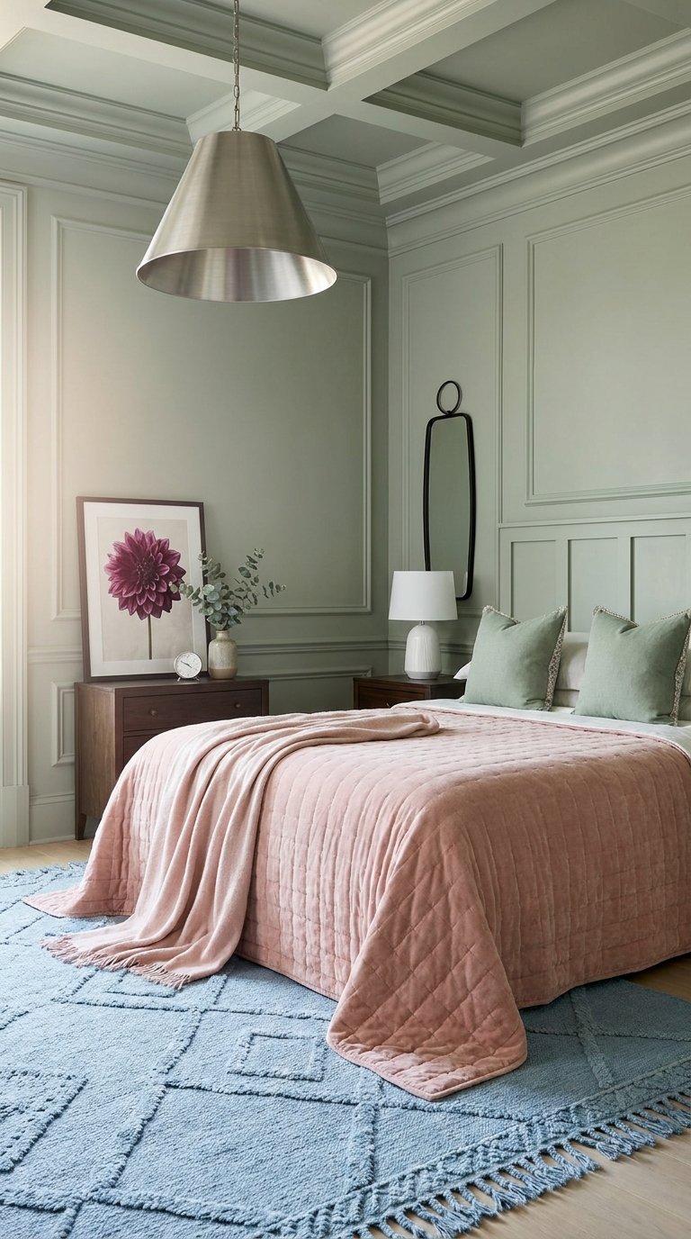 Chambre élégante avec murs, moulures et plafond à caissons vert sauge