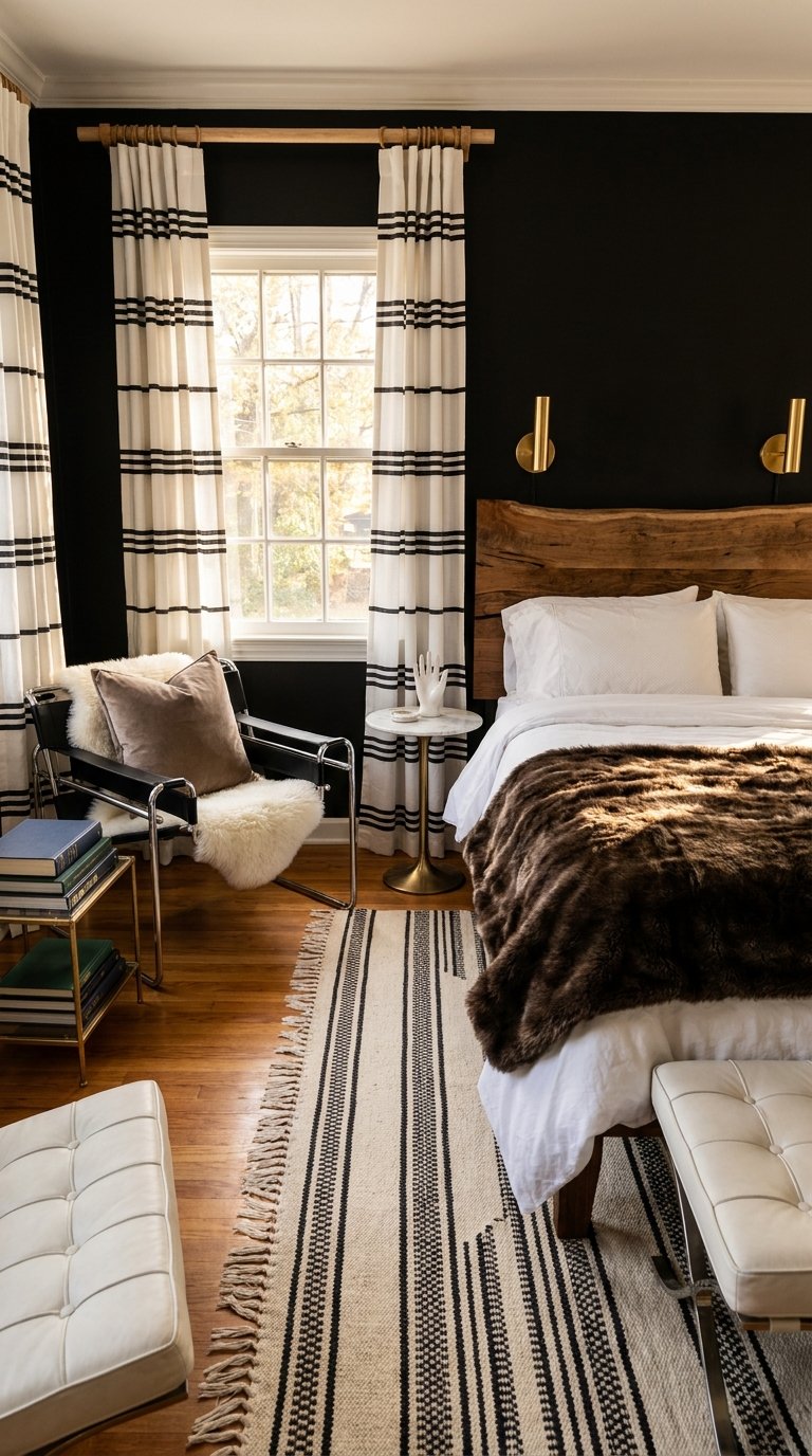 Chambre aux murs noirs avec tête de lit en bois et rideaux blancs rayés