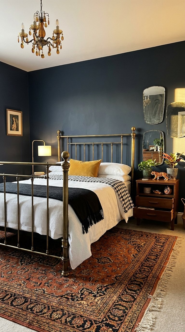 Chambre bleu nuit avec lit ancien en laiton, miroirs et tapis oriental