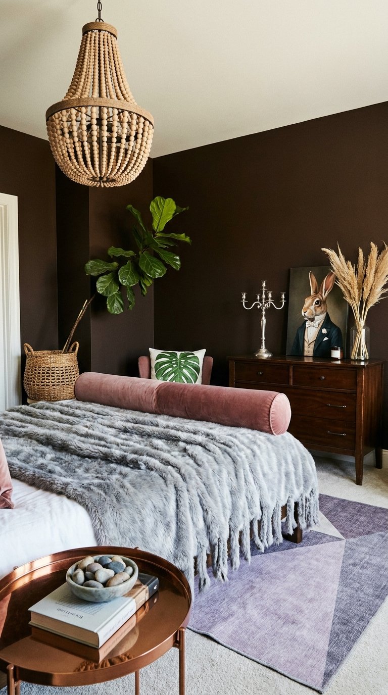 Chambre aux murs brun très foncé avec suspension en perles de bois et textiles gris rosé