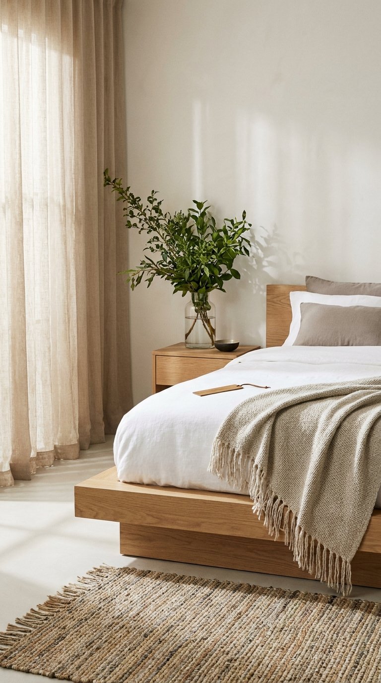 Chambre minimaliste avec murs blanc cassé, lit bas en bois et rideaux en lin beige