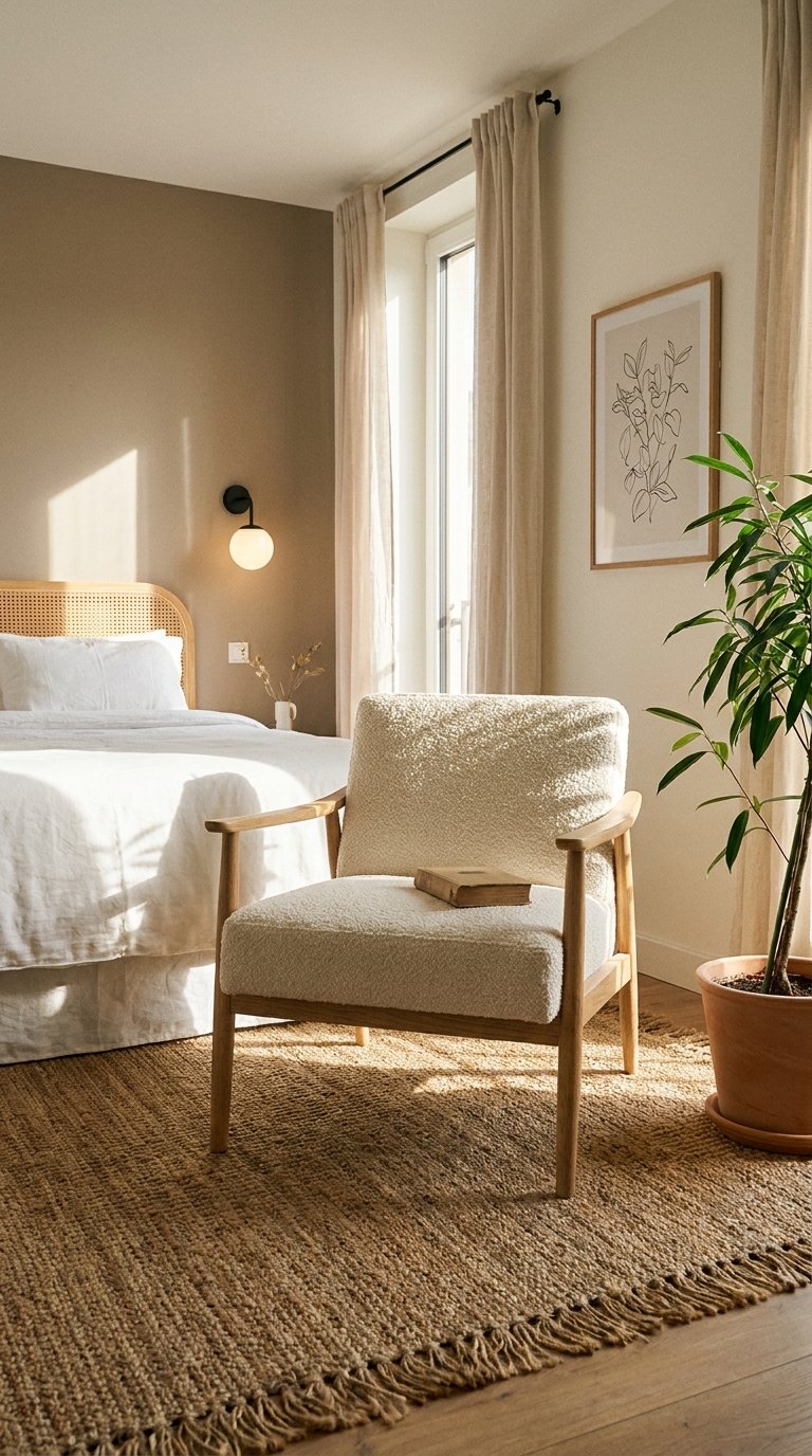 Chambre beige avec mur taupe derrière le lit, fauteuil bouclette et grande plante