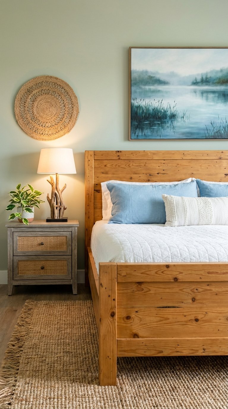Chambre avec mur vert d’eau, lit en bois massif et coussins bleu ciel