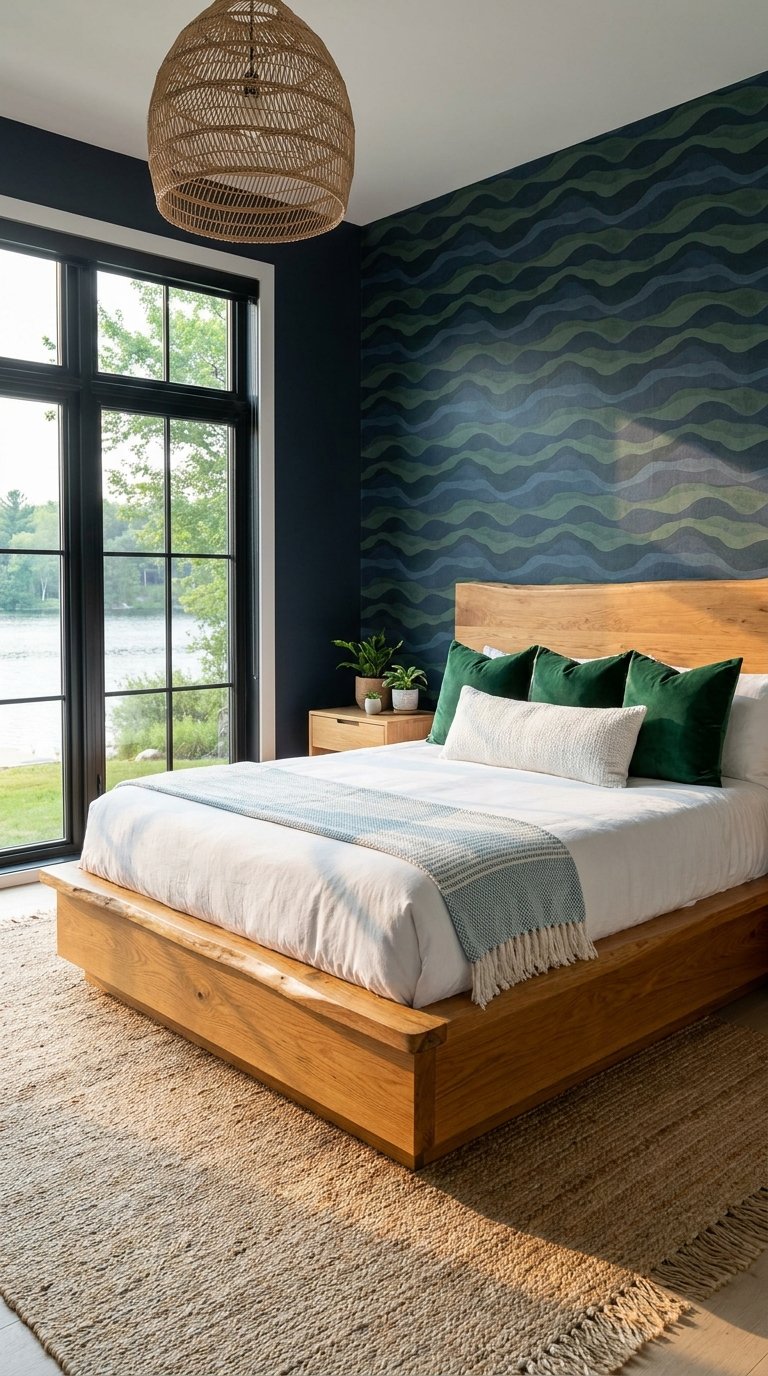 Chambre avec murs bleu marine et papier peint à vagues vertes derrière un lit en bois