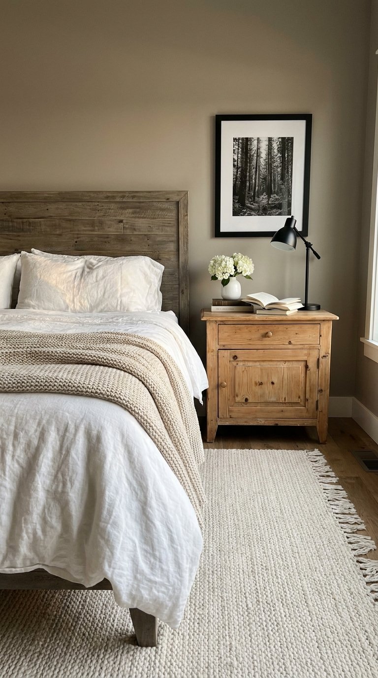 Chambre rustique aux murs taupe avec lit et table de chevet en bois clair